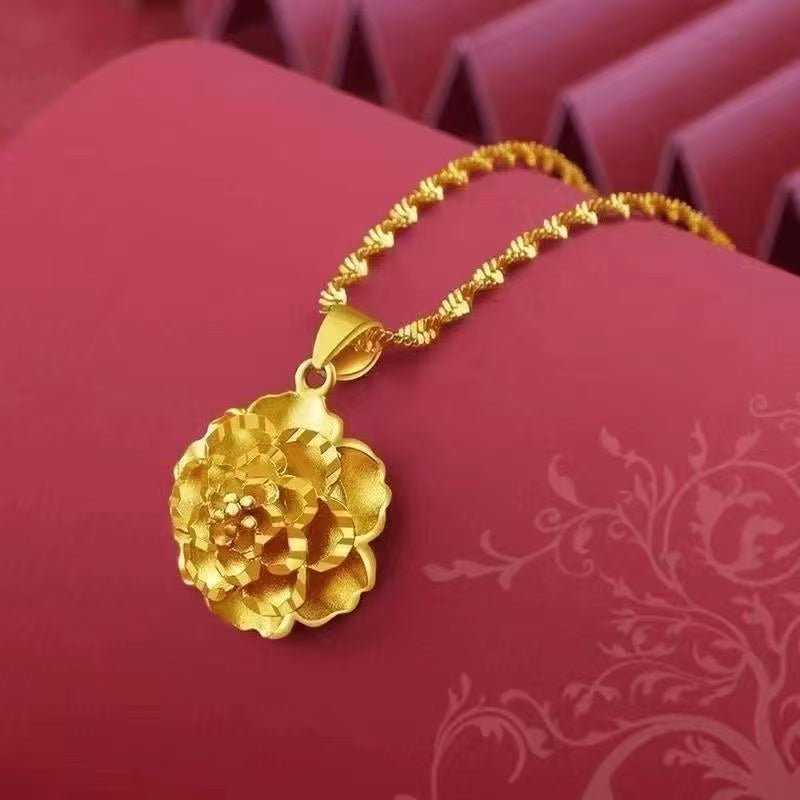 Gold Blooming Peony Pendant Necklace – 3D Sculpted Floral with Twisted Chain