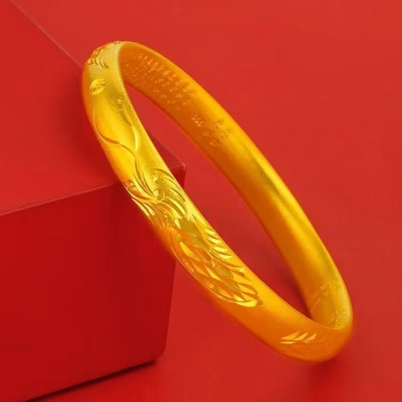 Gold Phoenix & Starlight Engraved Bangle – Sand Gold Solid Bracelet with Auspicious Carvings
