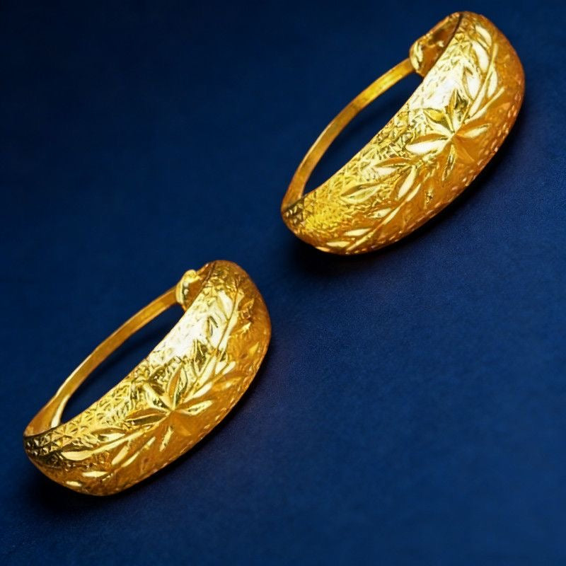 24K Gold Plated Floral Wide-Band Drop Earrings - Sand Gold Statement Earrings for Women (4g)