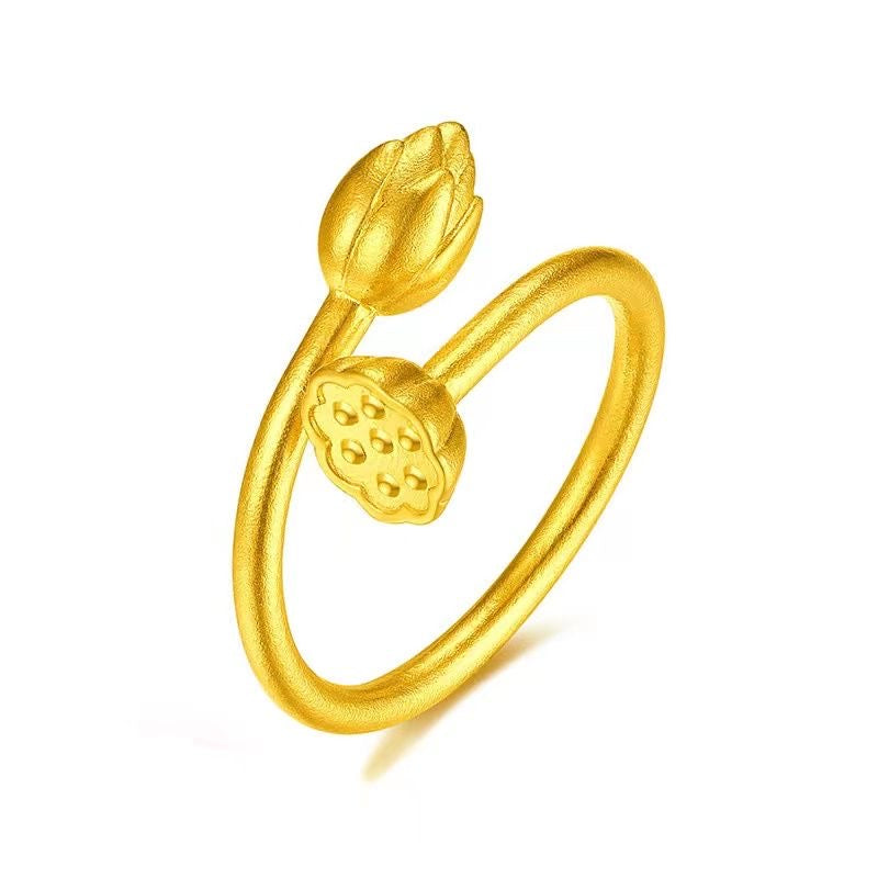 Gold Lotus Bud Open Ring – Dual Flower Tips