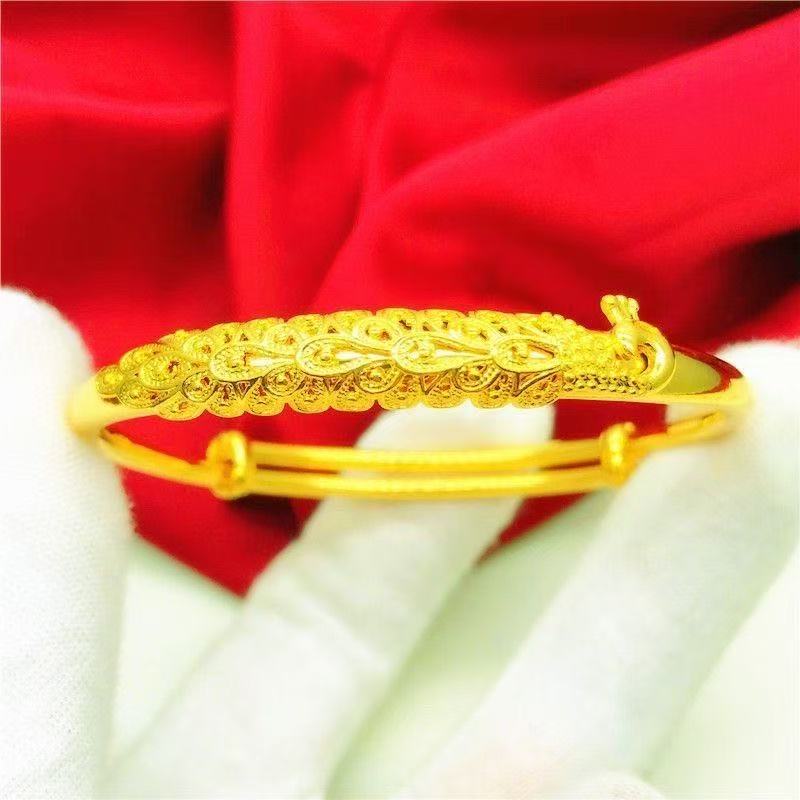 24K Gold Plated Peacock Bangle - Sand Gold Heavy Cuff Bracelet for Women (15.11g)