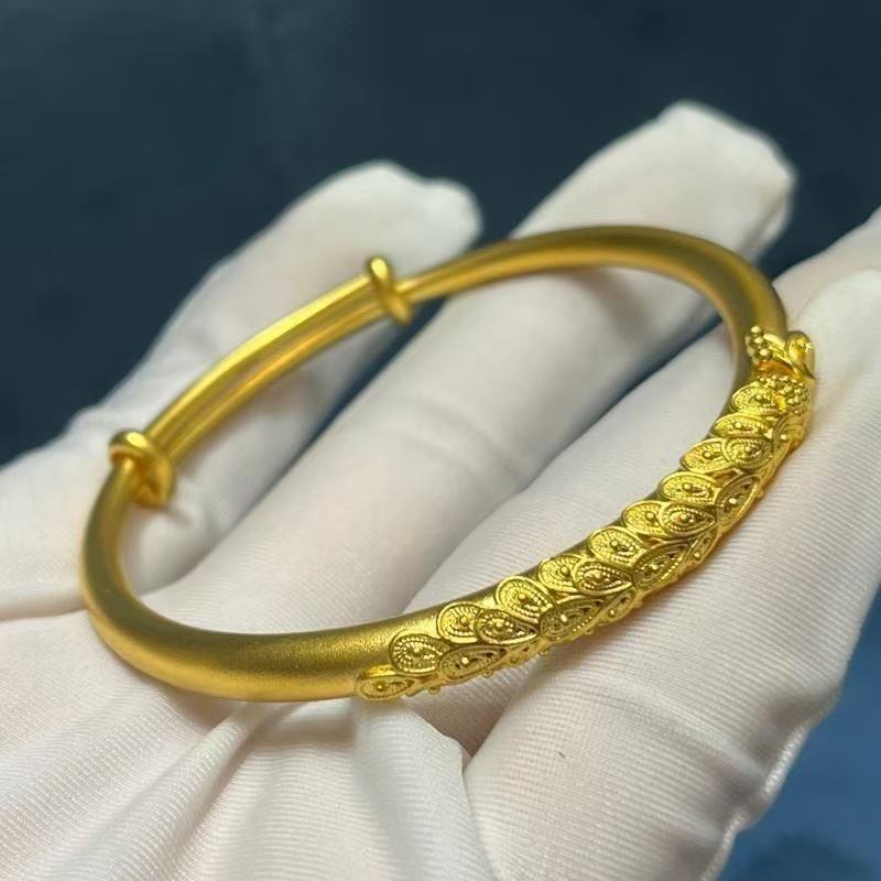 24K Gold Plated Peacock Bangle - Sand Gold Heavy Cuff Bracelet for Women (15.11g)
