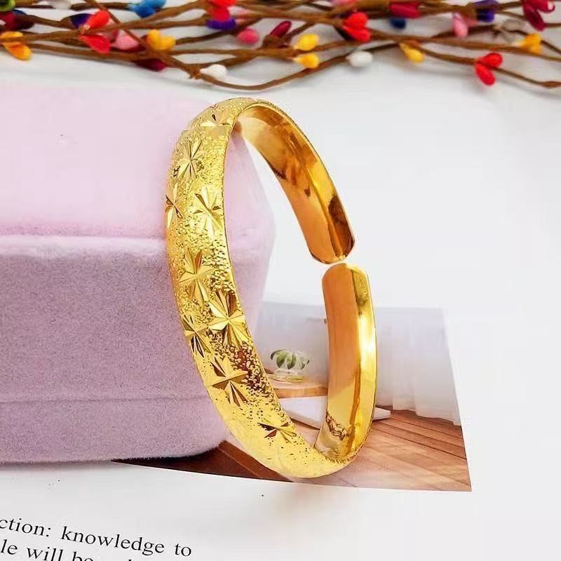 Gold Starlight Engraved Cuff Bangle – Sand Gold Open Bracelet with Star-Cut Pattern