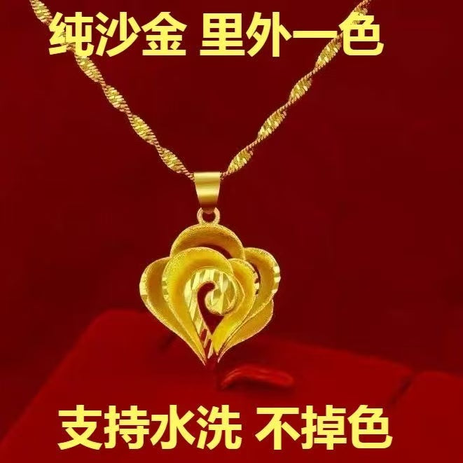Gold Sand Heart Rose Pendant Necklace – Waterproof Sand Gold with Twisted Chain