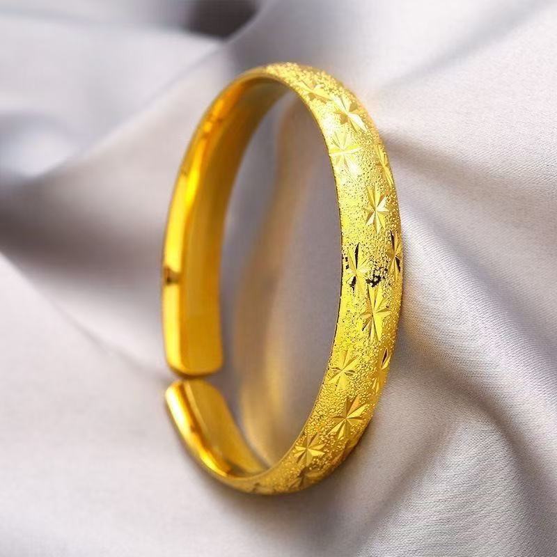 Gold Starlight Engraved Cuff Bangle – Sand Gold Open Bracelet with Star-Cut Pattern