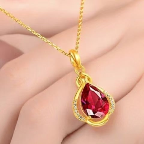 Gold Ruby Teardrop Pendant Necklace – Sand Gold with Red Crystal & Diamond Accents
