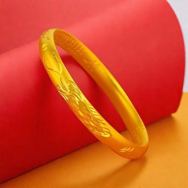 Gold Phoenix & Starlight Engraved Bangle – Sand Gold Solid Bracelet with Auspicious Carvings
