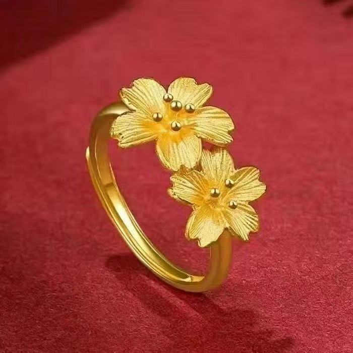 Gold Twin Cherry Blossom Ring – Textured Dual Flower Band