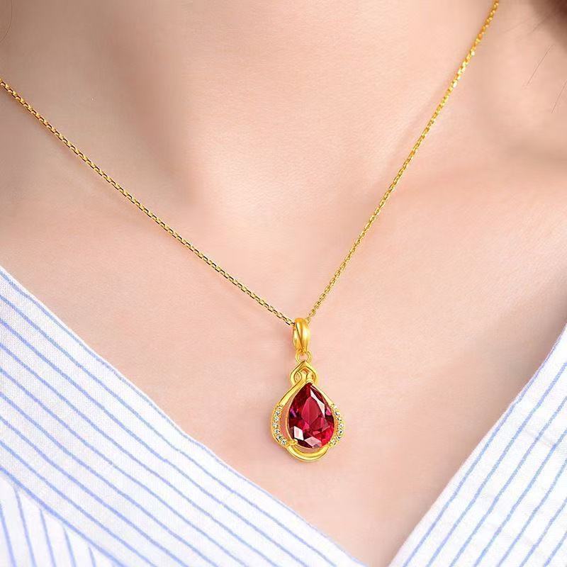Gold Ruby Teardrop Pendant Necklace – Sand Gold with Red Crystal & Diamond Accents