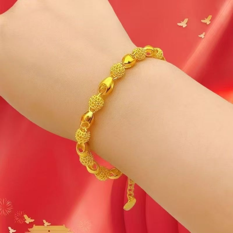 24K Gold Plated Delicate Curve Bracelet - Sand Gold Chain Bracelet for Women (8.13g, 17cm+3cm Extender)