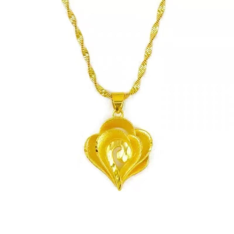 Gold Sand Heart Rose Pendant Necklace – Waterproof Sand Gold with Twisted Chain