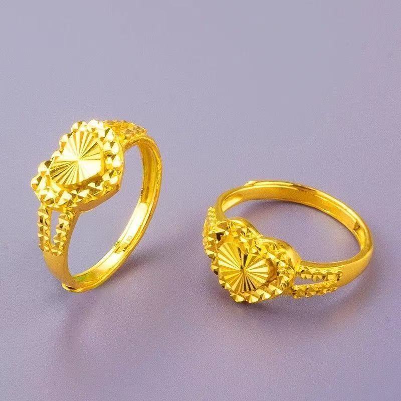 Heart-to-Heart Sand Gold Ring — Adjustable Diamond-Cut Love Ring