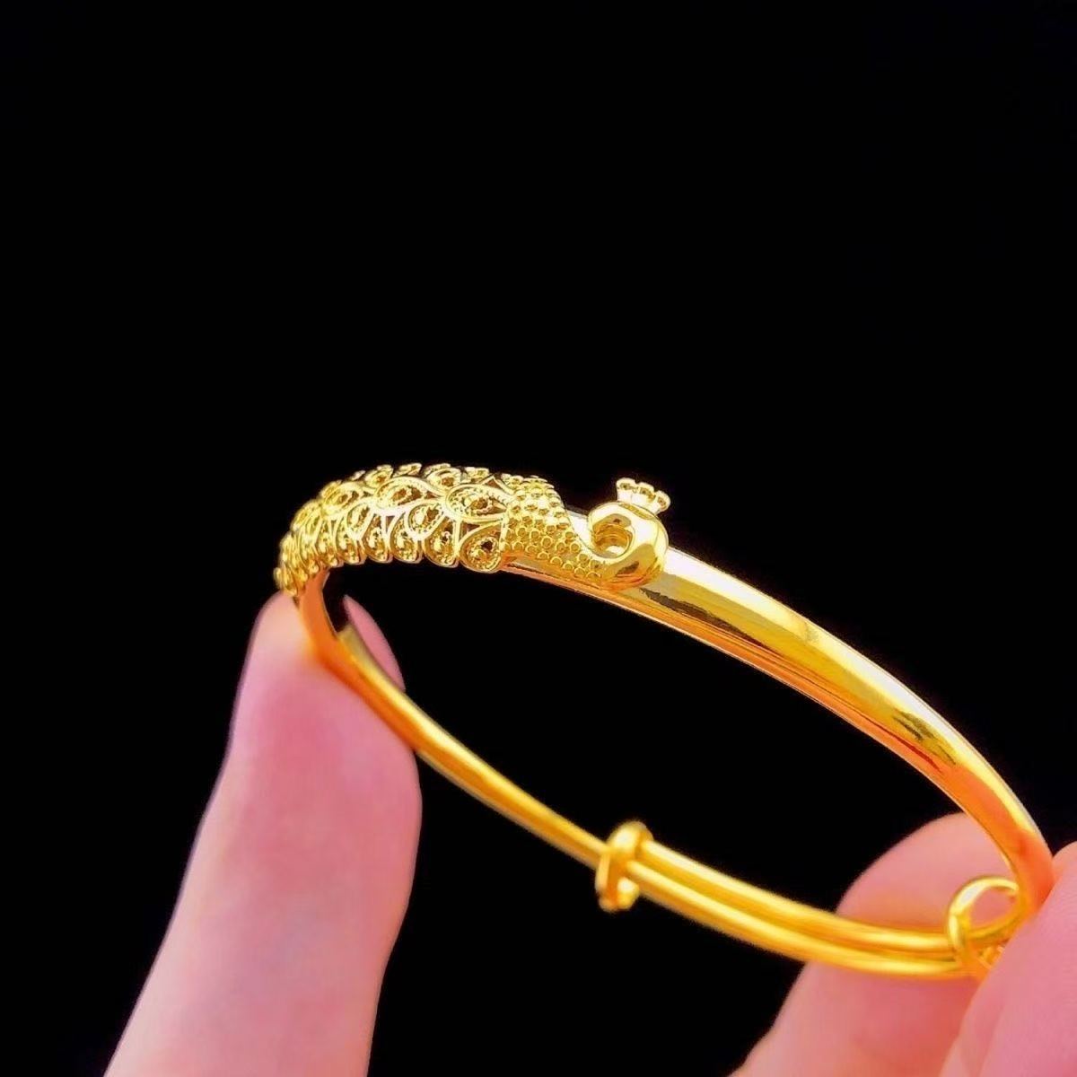 24K Gold Plated Peacock Bangle - Sand Gold Heavy Cuff Bracelet for Women (15.11g)