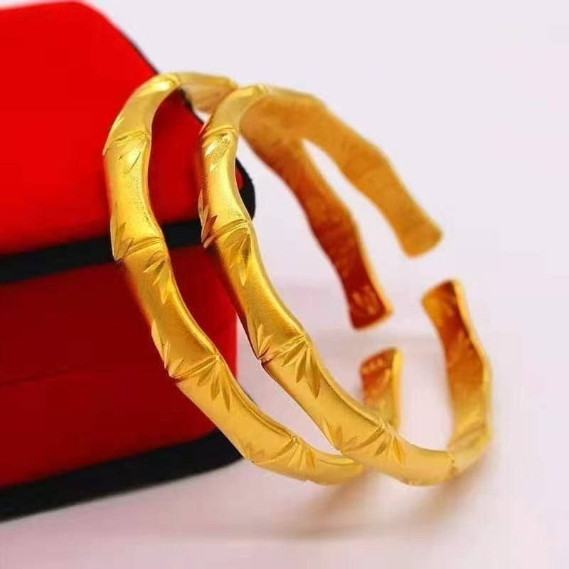Gold Bamboo Joint Cuff Bangle – Sand Gold Open Bracelet with Engraved Bamboo & Leaf Pattern