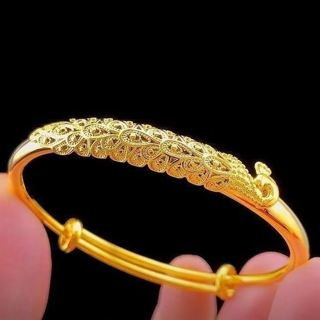 24K Gold Plated Peacock Bangle - Sand Gold Heavy Cuff Bracelet for Women (15.11g)