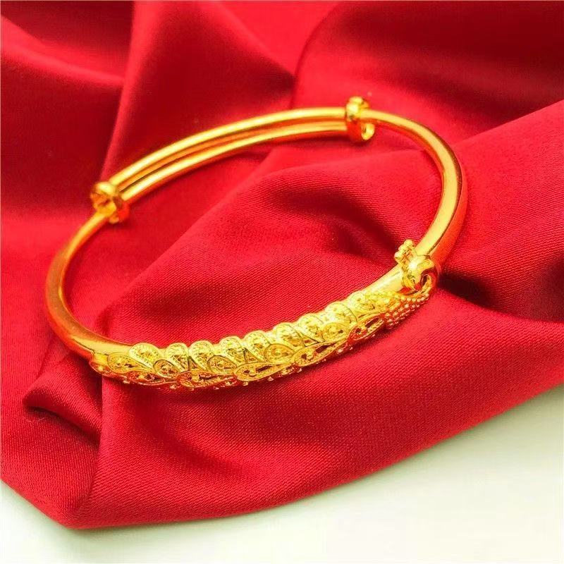 24K Gold Plated Peacock Bangle - Sand Gold Heavy Cuff Bracelet for Women (15.11g)