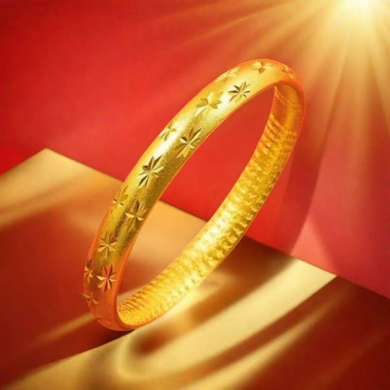 Gold Phoenix & Starlight Engraved Bangle – Sand Gold Solid Bracelet with Auspicious Carvings
