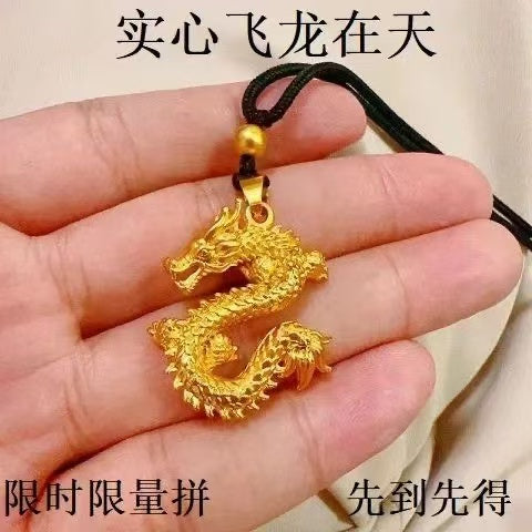 Gold Solid Dragon Pendant Necklace – 3D Sculpted Chinese Dragon with Rope Chain