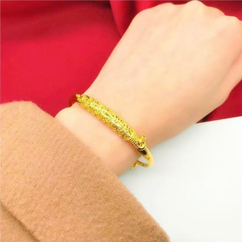 24K Gold Plated Peacock Bangle - Sand Gold Heavy Cuff Bracelet for Women (15.11g)