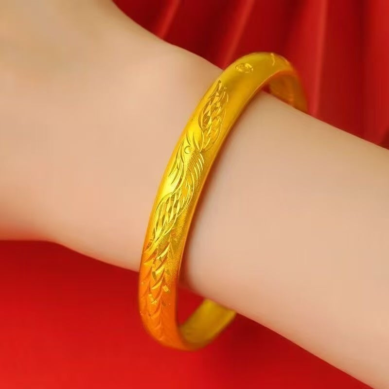 Gold Phoenix & Starlight Engraved Bangle – Sand Gold Solid Bracelet with Auspicious Carvings
