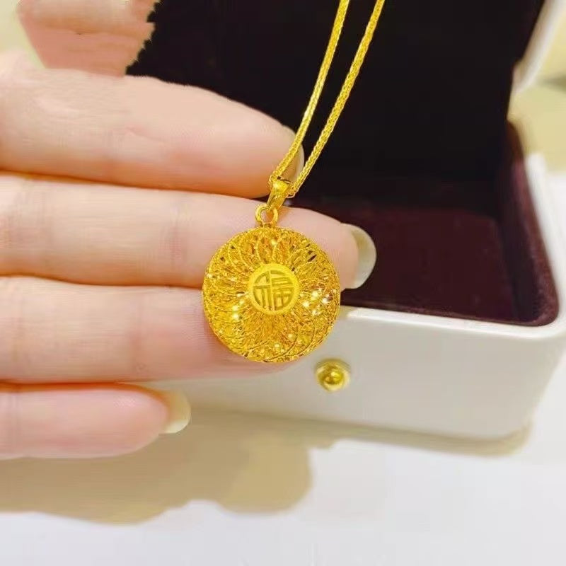 Gold Fu Character Round Pendant Necklace – Hollow Sunburst Fortune Medallion