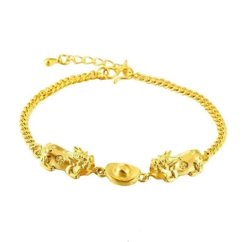 Double Pixiu Wealth Bracelet – Sand Gold