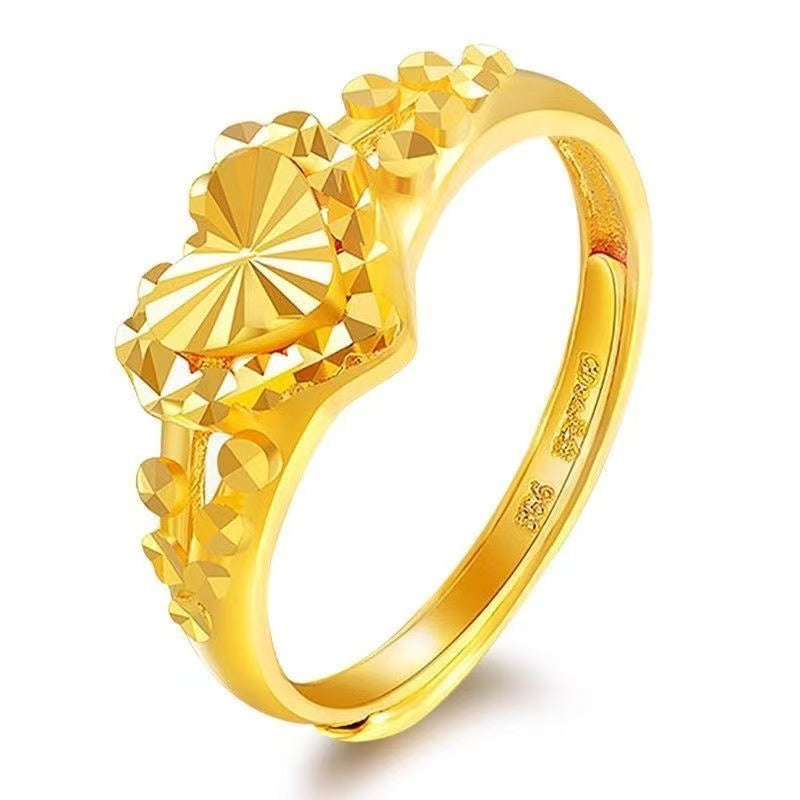 Heart-to-Heart Sand Gold Ring — Adjustable Diamond-Cut Love Ring