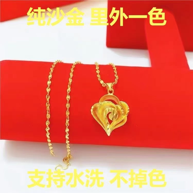 Gold Sand Heart Rose Pendant Necklace – Waterproof Sand Gold with Twisted Chain