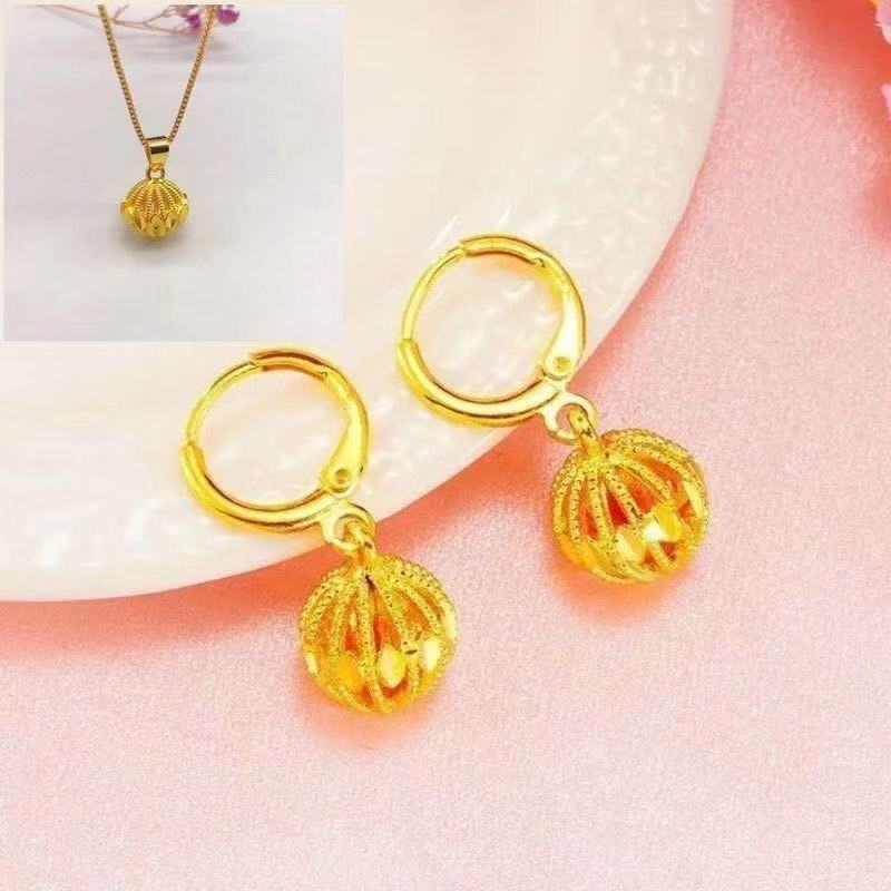 Lucky Hollow Gold Ball Sand Gold Hoop Drop Earrings