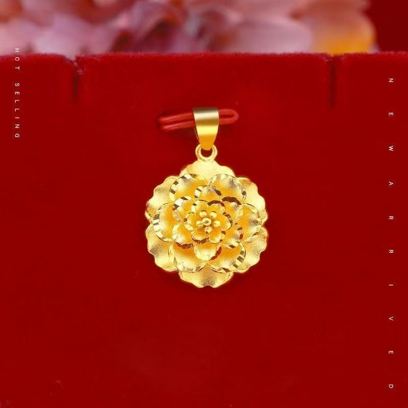 Gold Blooming Peony Pendant Necklace – 3D Sculpted Floral with Twisted Chain
